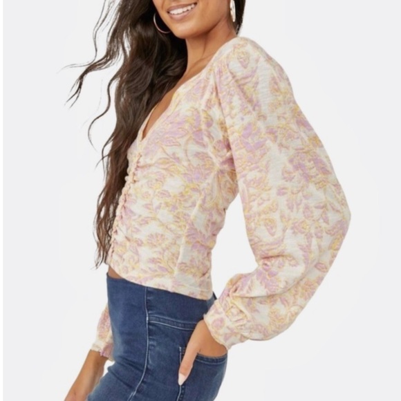 NWT Free People Say The Word Floral Ruched V-Neck Long Sleeve Top - Picture 2 of 7